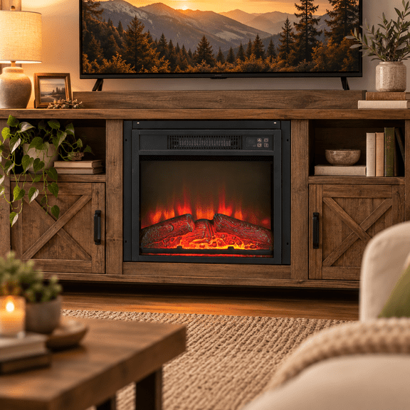 Syngar 18 Inch Electric Fireplace Insert, 1400W 5000 BTU Fireplace Heater with Remote Control, Realistic Flame & Log Set, Ultra Thin Fireplace Insert for TV Stand Cabinet Bedroom Living Room, Black