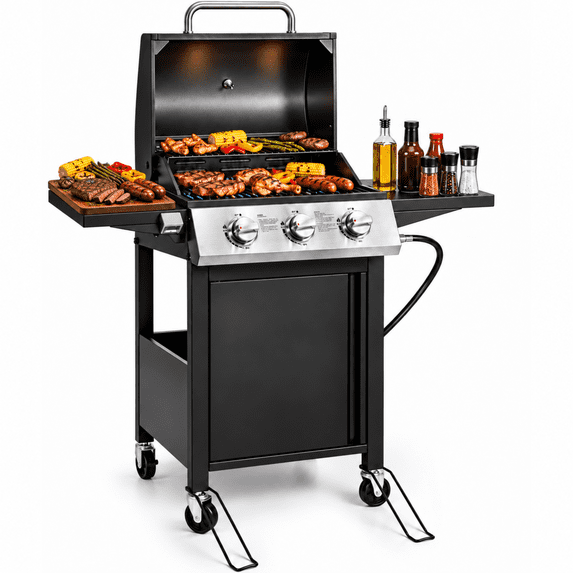 Syngar 3 Burner BBQ Gas Grill, Propane Gas Grill with Side Tables, Stainless Steel, 30000 Btu Barbecue Grills with Wheels, Bottle Opener, For Camping