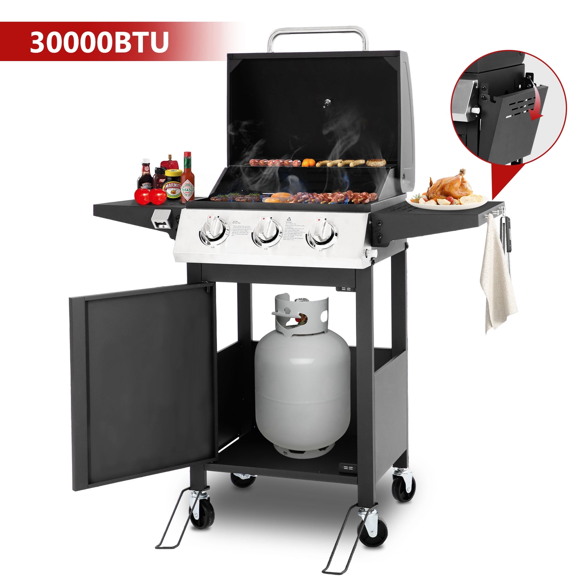 Black Stainless Steel 3-Burner Propane Gas Grill with Wheels