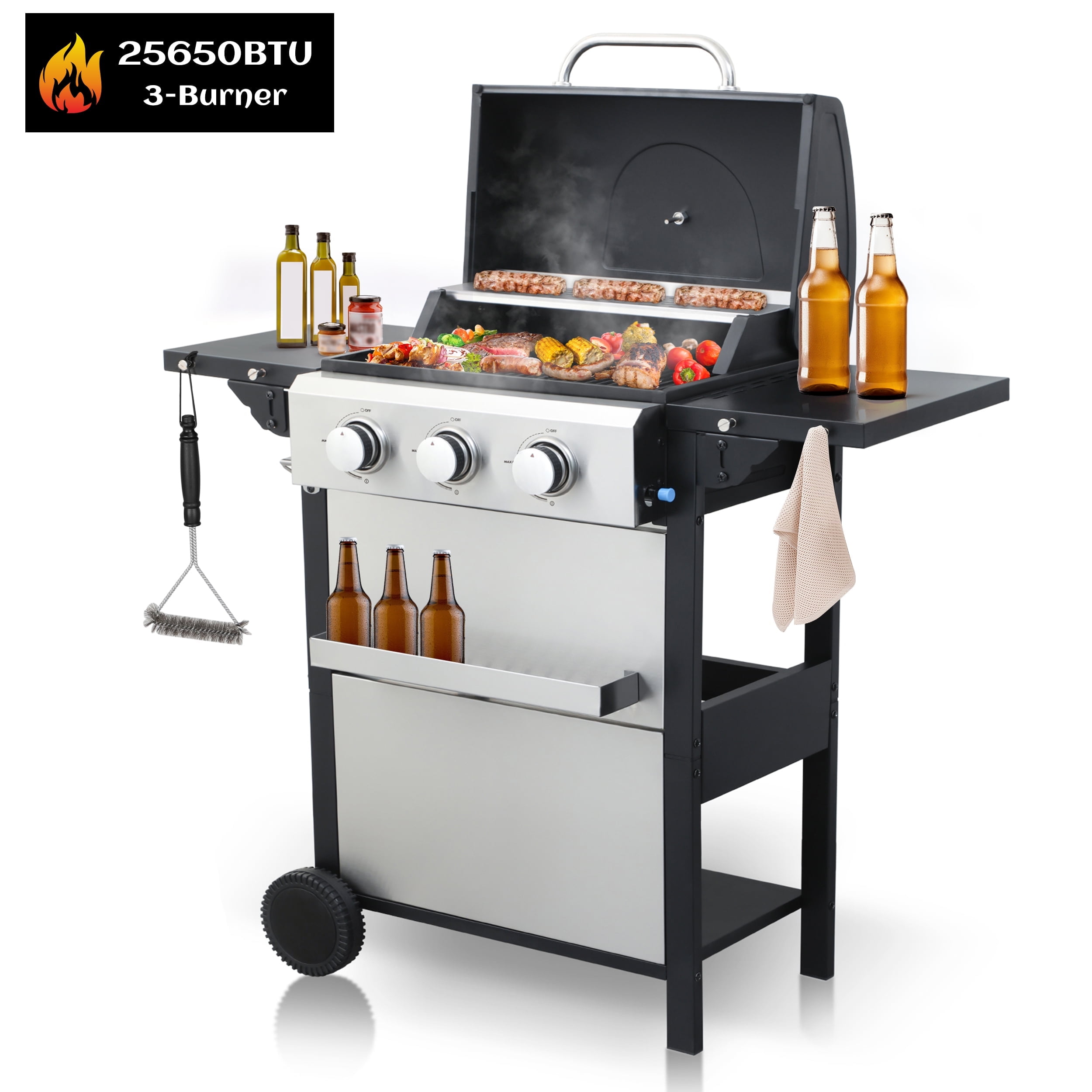 Black Stainless Steel 3-Burner Propane Gas Grill with Wheels