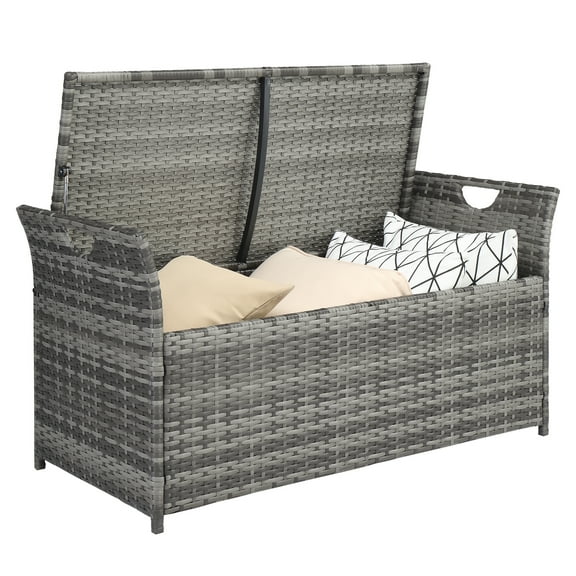 Syngar 35 Gallon PE Wicker Deck Box with Storage, Patio Storage Bench with Seat Cushion, Outdoor Storage Container for Pool Accessories, Patio Furniture Cushions, Toys, Gray