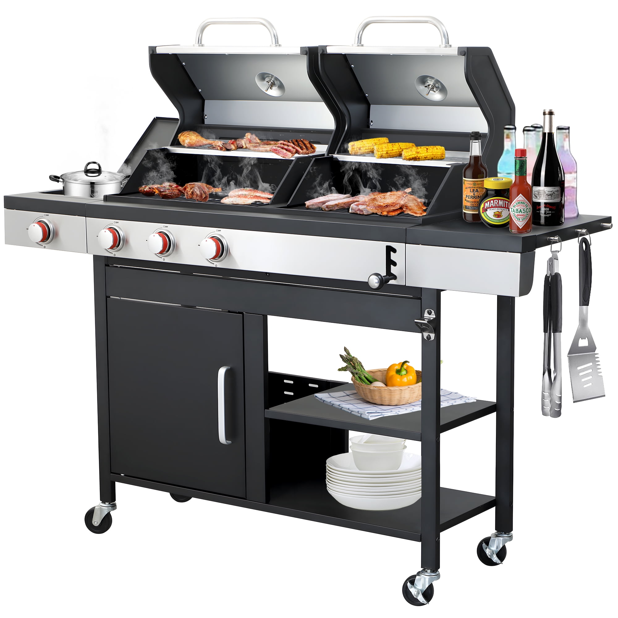 Syngar 37230BTU Gas Grill, Outdoor Heavy Duty Grill with Side Burner, Multi-function Grill with Charcoal Grill