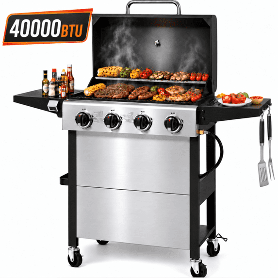 Syngar 4 Burner Bbq Gas Grill, Propane Gas Grill with Foldable Side Table, 40000 Btu, Stainless Steel, 426 Sq. in. Grilling Area, Bottle Opener