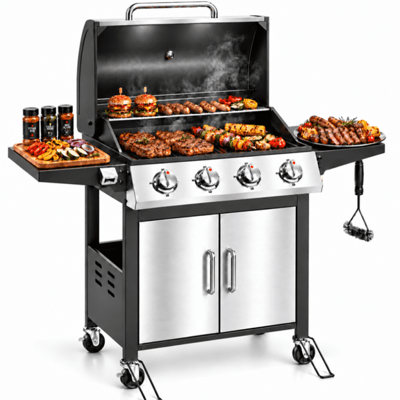 Syngar 4 Burner Propane Gas Grill, Outdoor Bbq Gas Grill with 459 Sq. in. Cooking Area, 40,000 BTU, Stainless Steel, Porcelain Grates, Side Tables