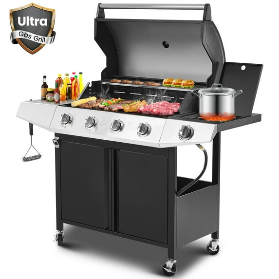 50000 BTU Gas Grills, SYNAGR Propane Grill with 566 sq.in Cooking Area, 5-Burner Stainless Steel BBQ Grill with Side Burner and Thermometer for Outdoor Party, Camping