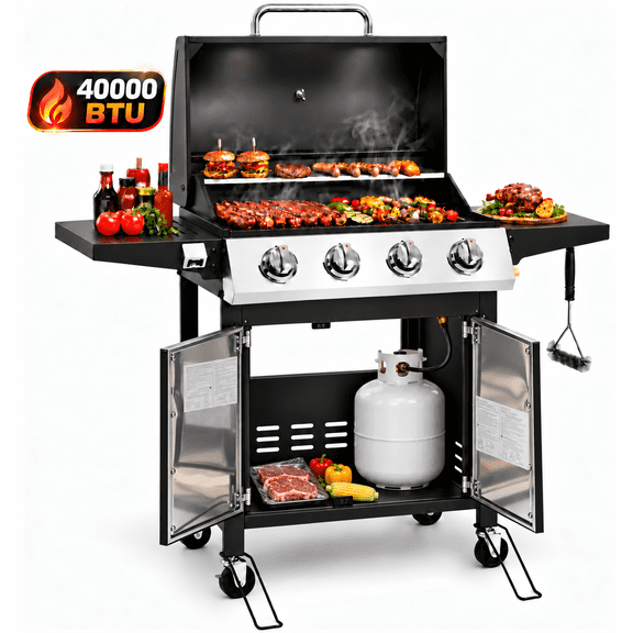 Syngar 4-Burner Propane Grill, Bbq Gas Grill with Folding Side Tables, 40000 Btu, Porcelain Grates, Easy-Clean Design, Thermometer & Bottle Opener