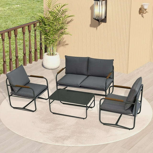 Syngar 4 Piece Patio Furniture Sets, Sectional Furniture Set for Outside, Conversation Sofa Set with Coffee Table and Dark Gray Cushions, Outdoor All Weather Metal Chairs Set for Yard, Poolside, Deck