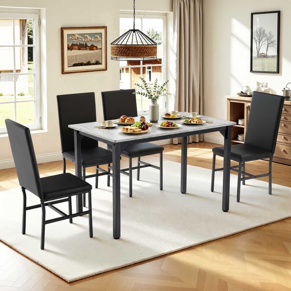 Syngar 5 Piece Adult Modern PU Leather Storage Dining Table with Chair, Dark Brown Chair/White Tabletop