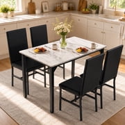 SYNGAR 5 Piece Dining Table and Chairs Set for 4, Faux Marble Kitchen Table with 4 Upholstered Chairs, Space-Saving Dining Set, Black Chair/White Tabletop