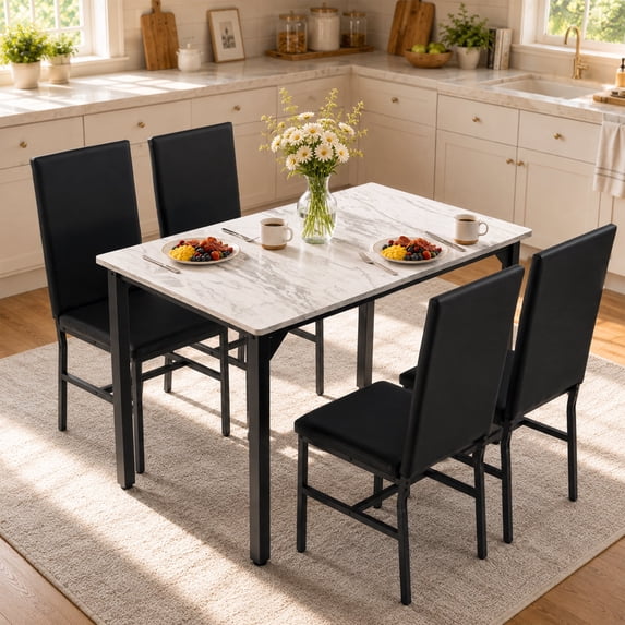 SYNGAR 5 Piece Dining Table and Chairs Set for 4, Faux Marble Kitchen Table with 4 Upholstered Chairs, Space-Saving Dining Set, Black Chair/White Tabletop