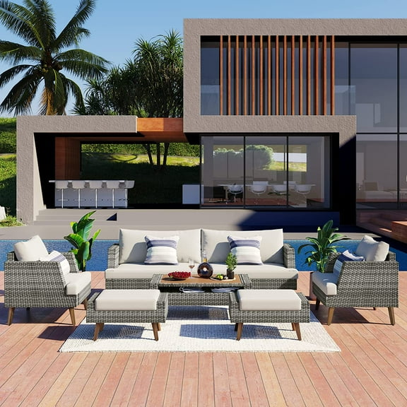 Syngar 6 Piece Patio Furniture Set, Outdoor Sectional Sofa Set with Ottomans, Coffee Table and Beige Cushions, All Weather Gray PE Wicker Conversation Chairs Set for Yard Balcony Poolside Deck