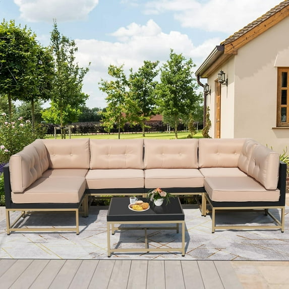 Syngar Outdoor Sofa Chairs Set, Patio Metal Furniture Set with Brown Cushions, 7 Piece Conversation Sofas with Corner Sofas, Armless Sofa and Coffee Table, for Backyard, Poolside, Deck, Balcony