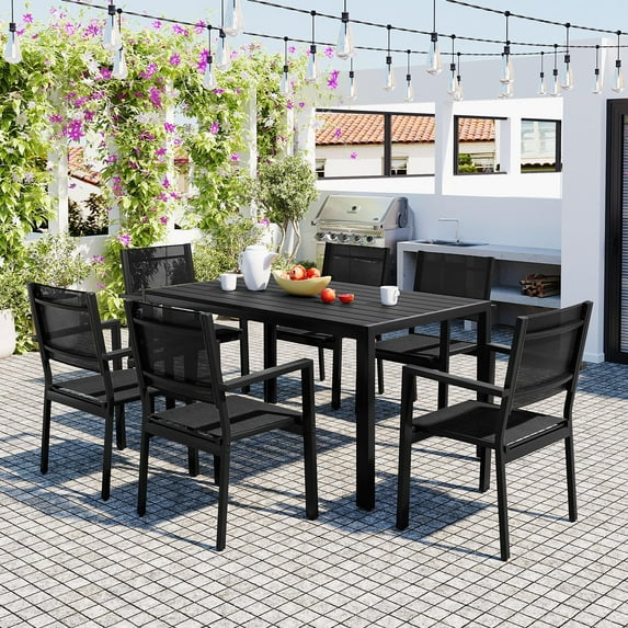 Syngar 7 Piece Outdoor Dining Set, Dining Table Set with Metal Frame and Black Plastic Tabletop, 6 Conversation Chairs with Backrests, Patio Furniture Set for Backyard, Poolside, Balcony