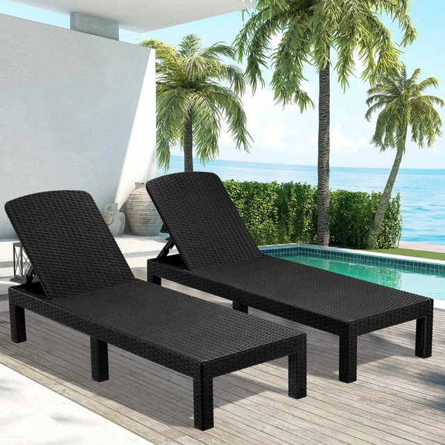 Syngar Chaise Lounge Set of 2, Patio Reclining Lounge Chairs with Adjustable Backrest, Outdoor All-Weather PP Resin Sun Loungers for Backyard, Poolside, Porch, Garden, Black