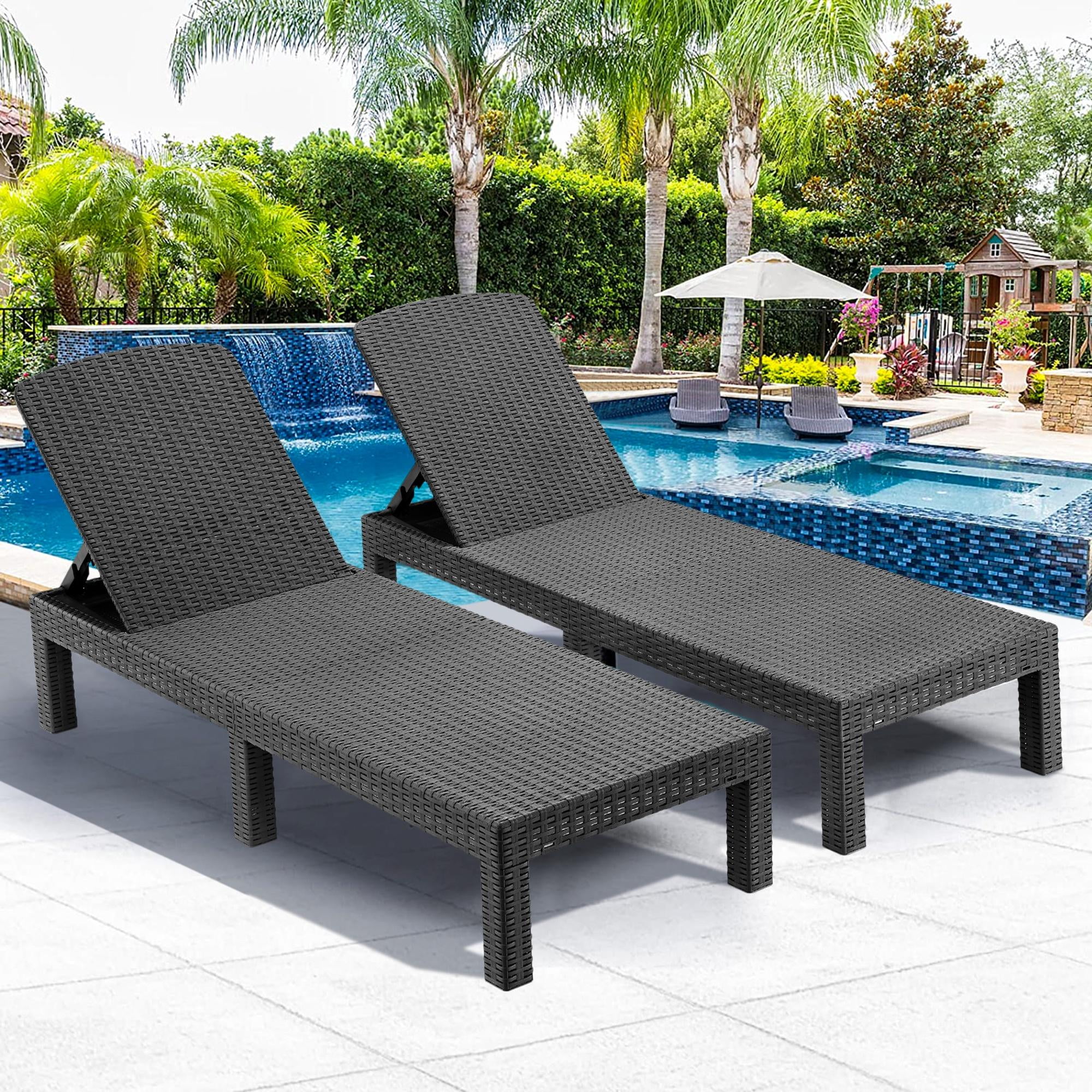 Syngar 2-Piece All-Weather Gray Plastic Reclining Chaise Lounge Set with Adjustable Backrest ...