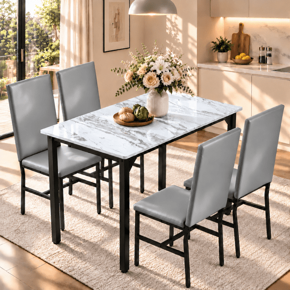 Syngar Dining Table with Chairs, Dining Room Table Set for 4, Faux Marble Tabletop and 9 PU Leather High Back Chairs, Kitchen Table and Chairs for Small Space