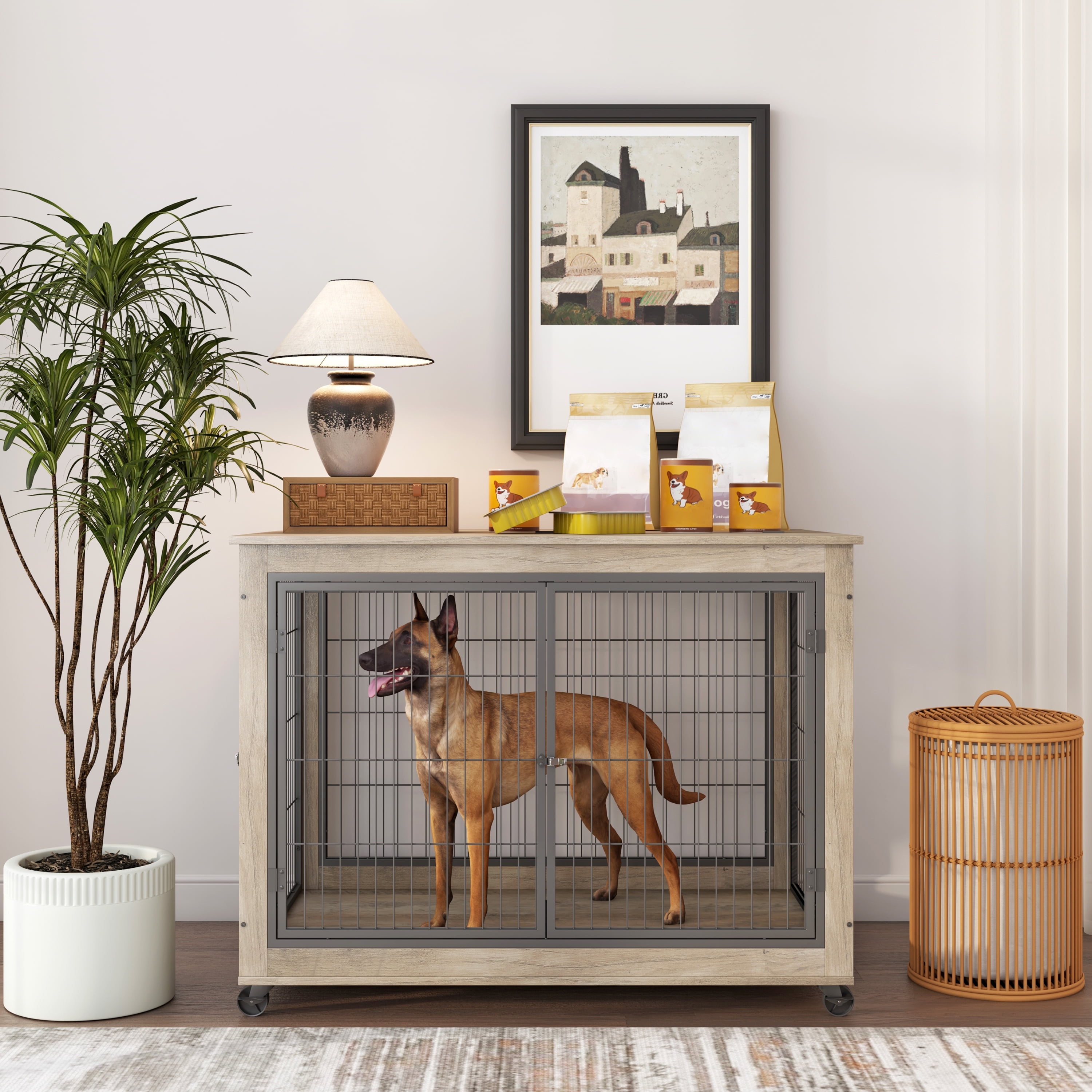 Syngar Dog Crate on Wheels, Wooden Dog Cage with Lockable Double Doors ... - Compact Dog Crate With Wheels