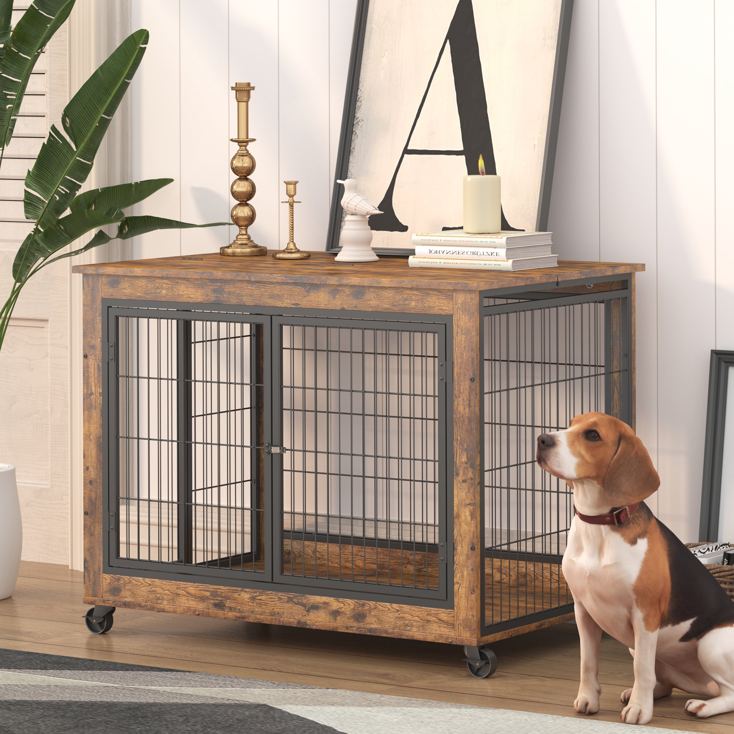 Syngar Dog Crate on Wheels, Wooden Dog Cage with Lockable Double Doors