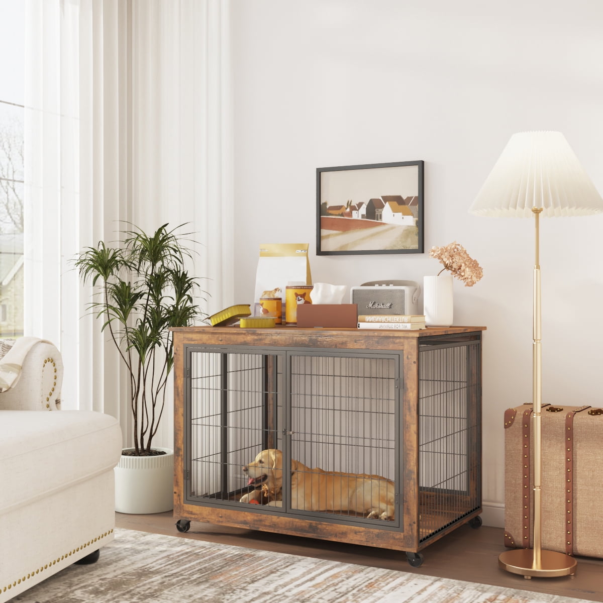 Syngar Dog Crate on Wheels, Wooden Dog Cage with Lockable Double Doors and Lift Top, Modern Home 2-in-1 Dog House End Table Furniture, Dog House for Small/Medium Sized Dogs, Rustic Brown, 43.7"L