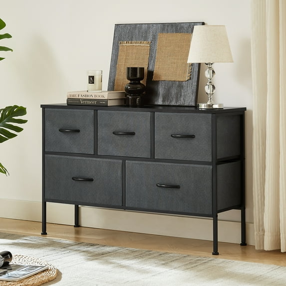 Syngar Dresser for Bedroom, 5-Drawer Storage Cabinet, Fabric Cabinet with Handles, Modern Storage Chest of Drawers for Kids Room, Simple Home Storage Furniture for Clothes Cosmetics, Dark Gray