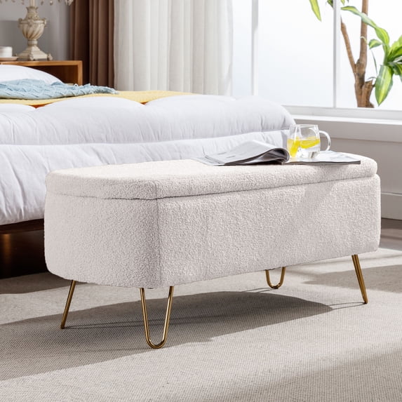 Syngar Entryway Bench with Storage for Bedroom, Living Room, and End of Bed, Faux Fur Ottoman Foot Rest with Storage,Upholstered Bench with Storage with Metal Leg,Ivory