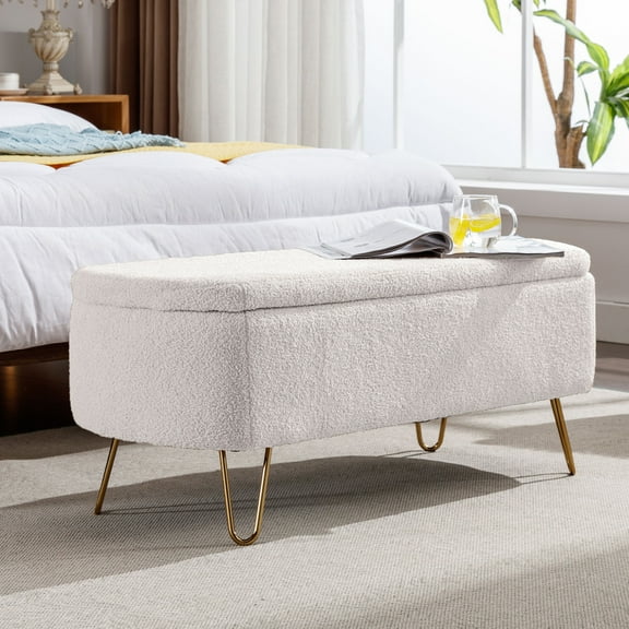 Syngar Entryway Bench with Storage for Bedroom, Living Room, and End of Bed, Faux Fur Ottoman Foot Rest with Storage,Upholstered Bench with Storage with Metal Leg,Ivory