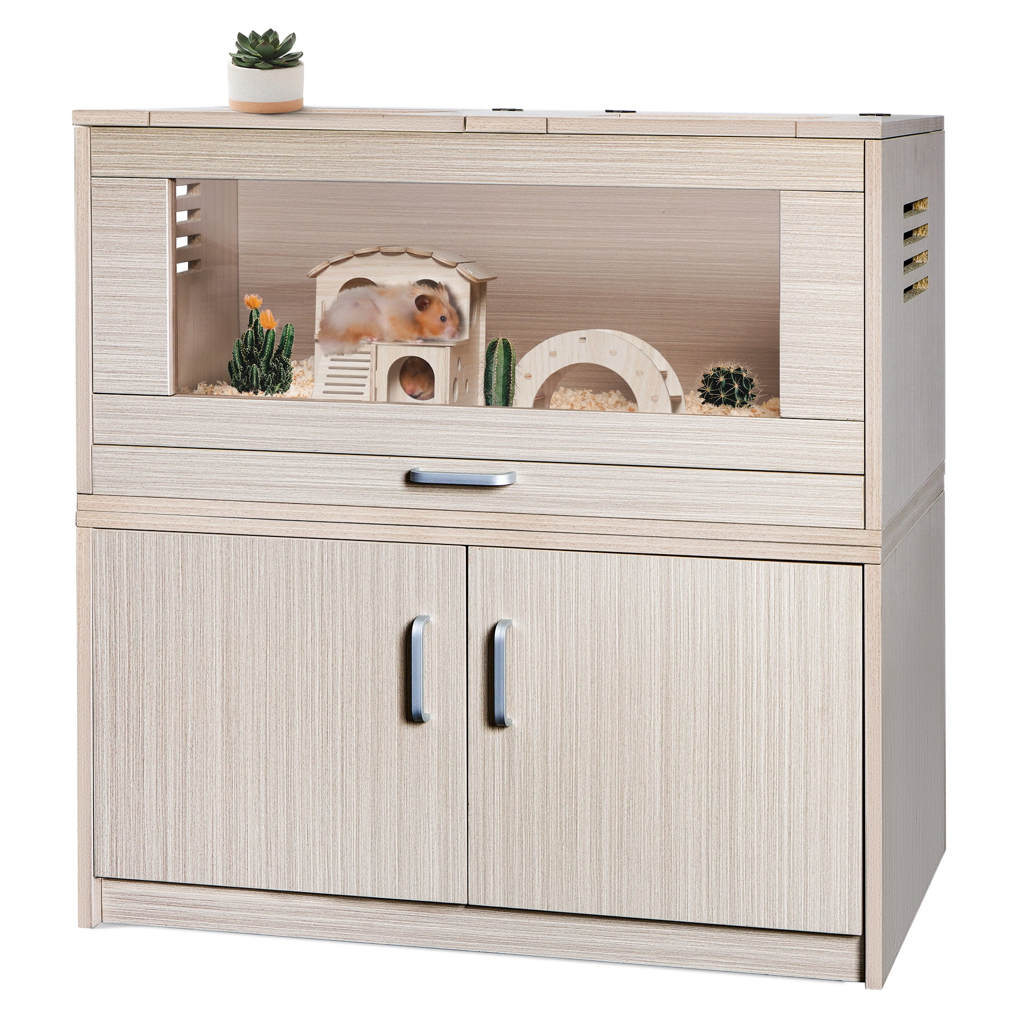 Syngar Guinea Pig Cages Wooden Hamster Cage with Independent Storage Cabinet Removable Tray Openable Roof with Acrylic Sheets Small Animal Habitats with Guinea Pig Hutch and Bridge Walmart