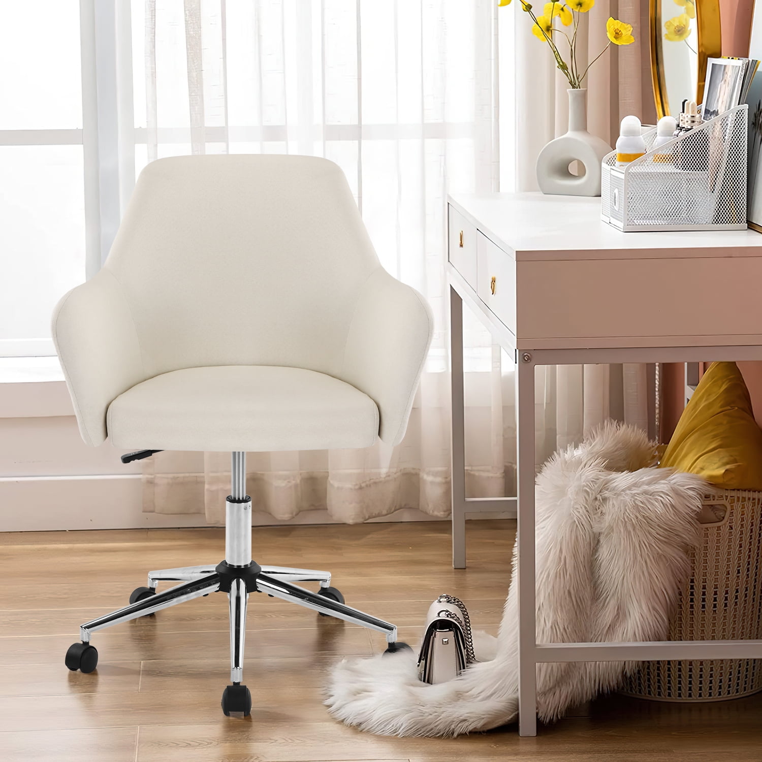 Syngar Height Adjustable Office Chair 360 Degree Swivel Modern Linen Fabric Accent Chair Comfy Upholstered Vanity Chair with Backrest Arm Chair