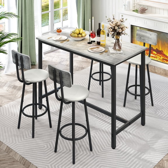 Modern Counter Height Pub Set, 5 Piece Dining Table Set with 4 Cushioned Stools, Extra Long Bistro Bar Table with Footrest, Kitchen Breakfast Table Set for 4, Gray