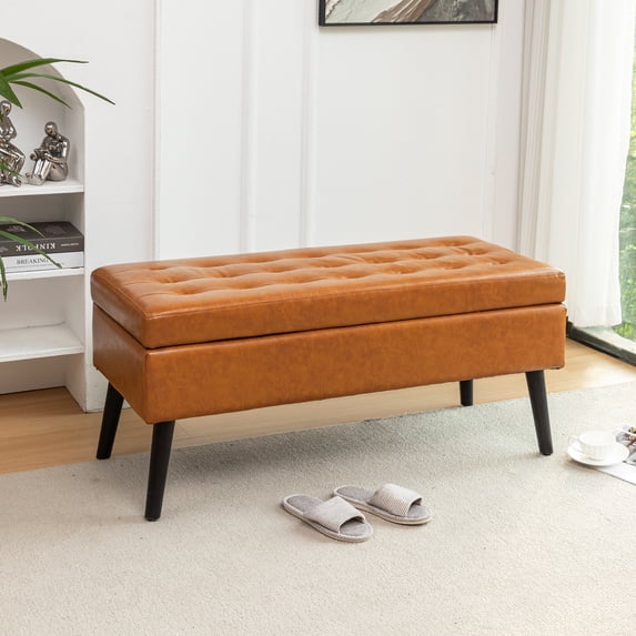 Syngar Modern Storage Bench, Upholstered Storage Ottoman with Wood Leg, PU Leather Entryway Bench with Storage for Living room, Bedroom, and Shop, Capacity of 300lbs, Easy Assemble, Brown
