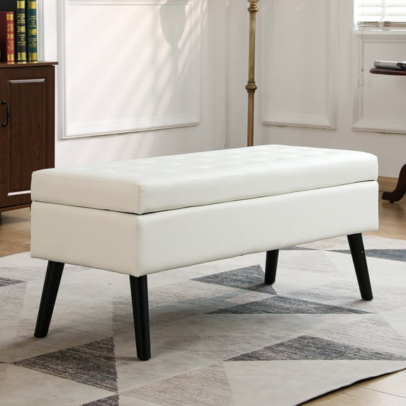 Syngar Modern Storage Bench, Upholstered Storage Ottoman with Wood Leg, PU Leather Entryway Bench with Storage for Living room, Bedroom, and Shop, Capacity of 300lbs, Easy Assemble, White