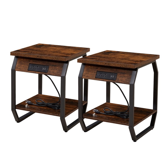 Syngar Nightstands Set of 2, Wood End Table with USB Ports and Power Outlets for Living Room, Simple Bedside Table with Storage for Bedroom, Small Side Cabinet for Home Office, Brown