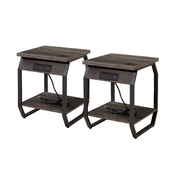 Syngar Nightstands Set of 2, Wood End Table with USB Ports and Power Outlets for Living Room, Simple Bedside Table with Storage for Bedroom, Small Side Cabinet for Home Office, Gray
