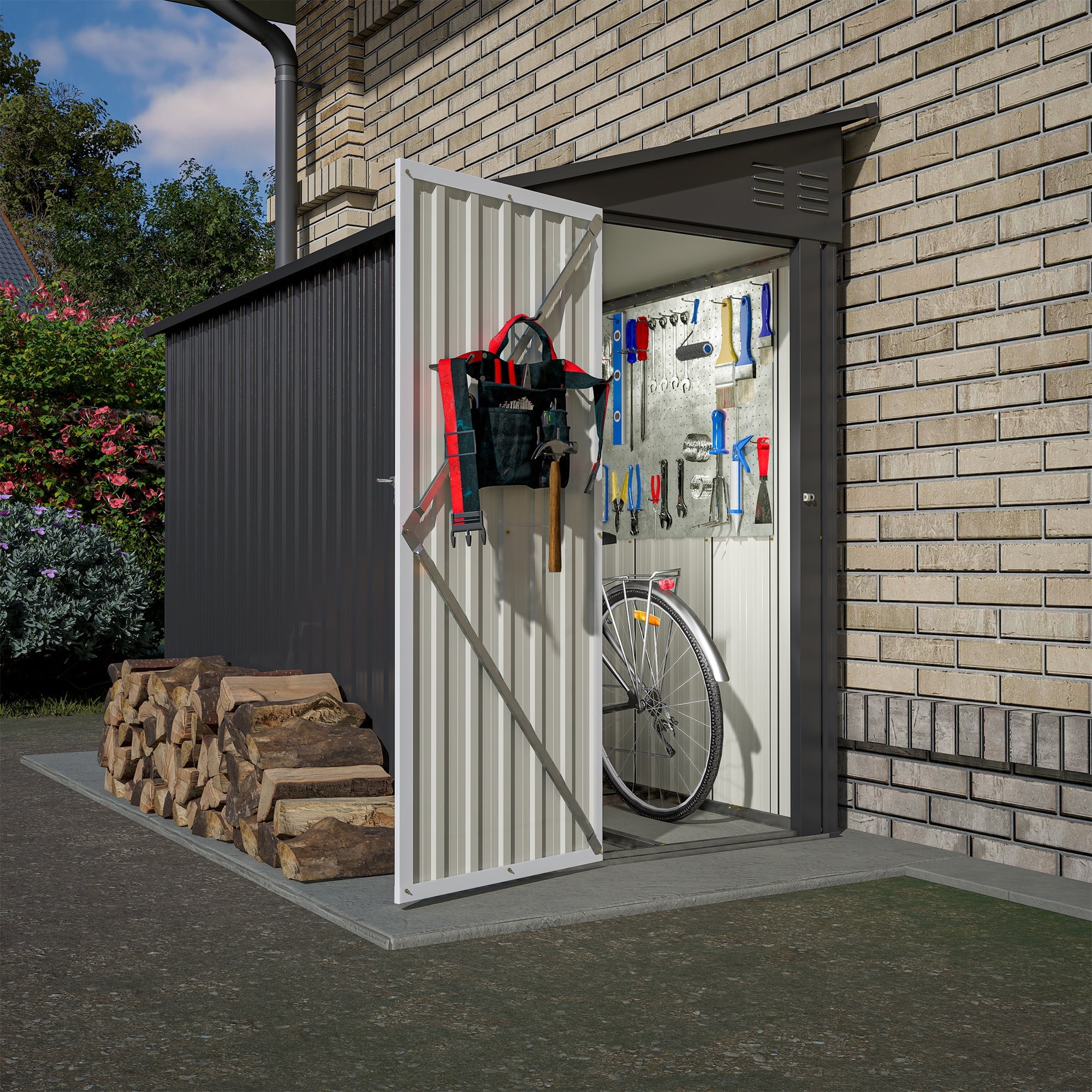 Gray 6' x 8' Metal Outdoor Storage Shed with Lockable Door