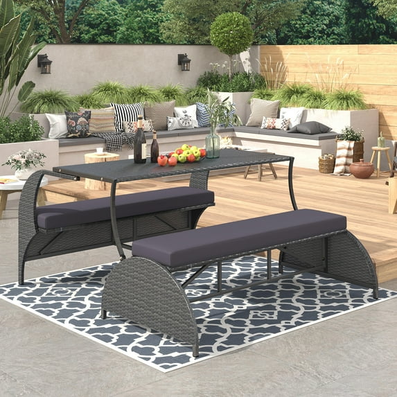 Syngar Outdoor Loveseat, Convertible into Patio Dining Table and Benches Set, All-Weather PE Wicker Patio Furniture Set, 2-in-1 Multifunctional Space Saving Design, for Backyard Poolside Garden Lawn