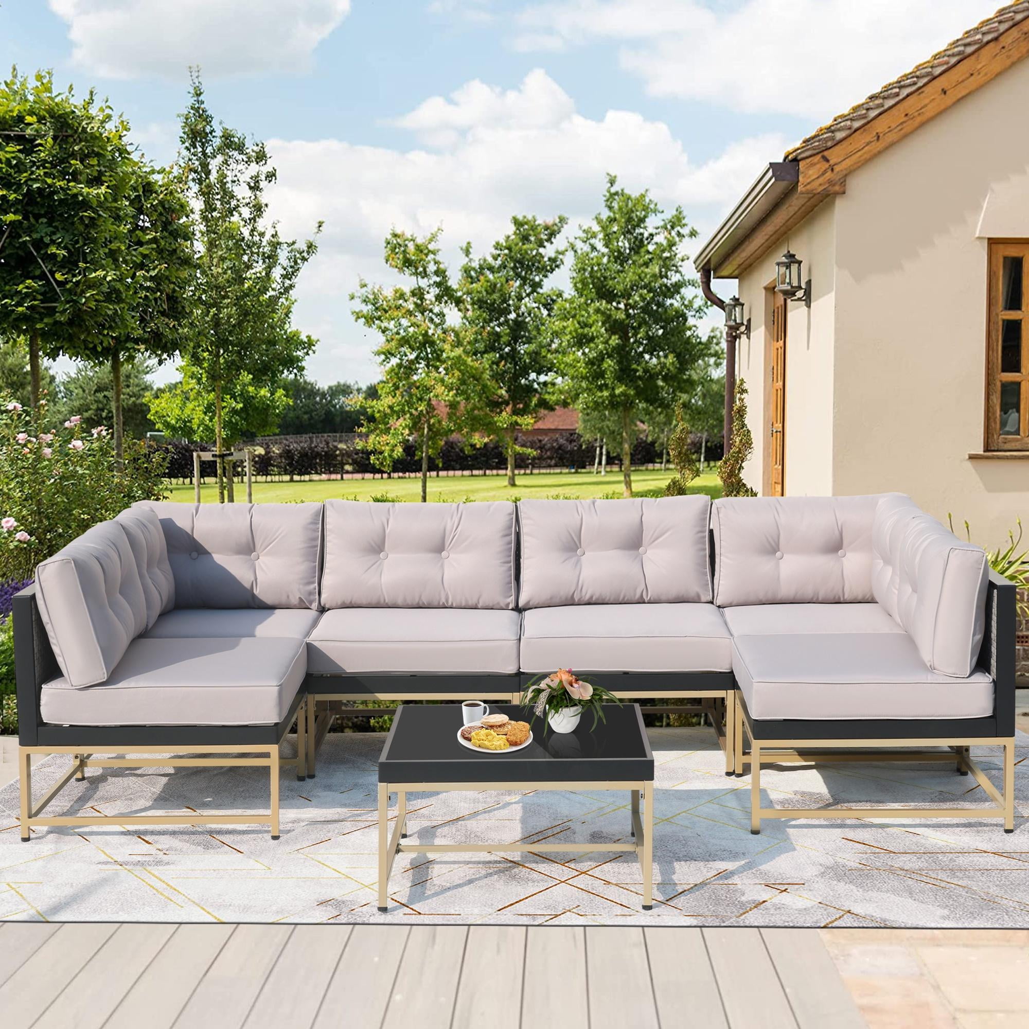 Syngar Outdoor Sofa Chairs Set Patio Metal Furniture Set with Gray Cushions 7 Piece Conversation Sofas with Corner Sofas Armless Sofa and Coffee