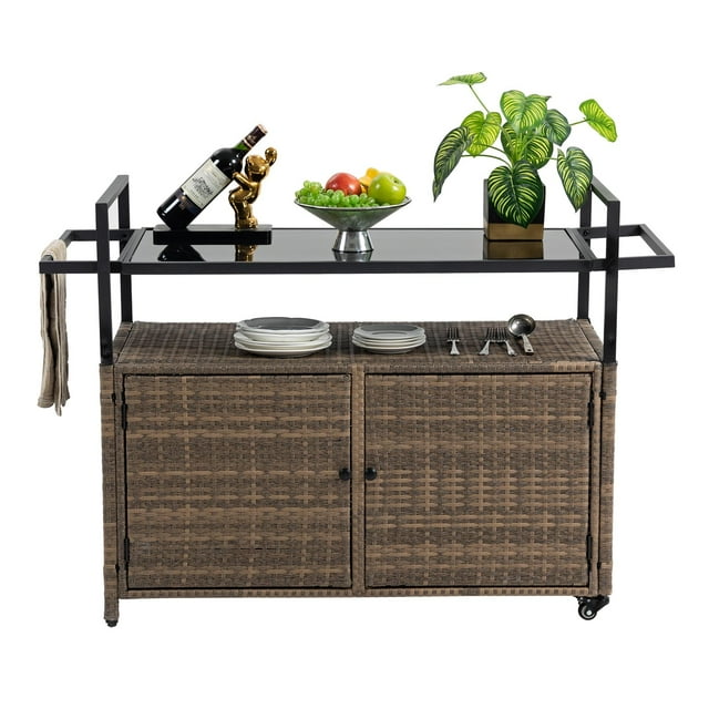 Syngar Patio Bar Cart on Wheels, Outdoor PE Wicker Bar Counter Table with Glass Top & Storage, Rolling Beverage Bar Counter Table, Wine Serving Cart for Garden, Porch, Backyard, Poolside, Light Brown