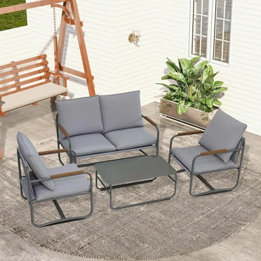 Syngar Patio Furniture Set of 4, Outdoor All Weather Metal Furniture Set, Sectional Sofa Set with Coffee Table, Conversation Chairs Set with Gray Cushions for Backyard, Balcony, Poolside, Deck