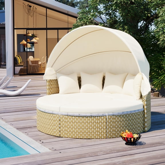 Syngar Patio Furniture Set, Outdoor Sectional Round Daybed Sunbed with Retractable Canopy, Separate Seating and Removable Beige Cushion, All-Weather Wicker Conversation Set for Yard Garden Deck Pool