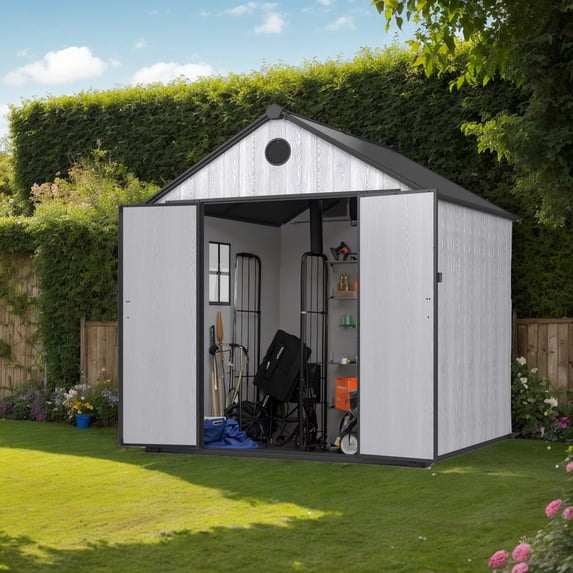Syngar Plastic Resin Garden Storage Shed, Large Tools Shed, 8' x 8' Outdoor Storage Shed with Lockable Doors for Patio