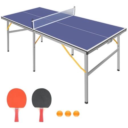 Syngar Portable Ping Pong Table, 6ft Mid-Size Foldable Table Tennis Table Set with Net, 2 Table Tennis Paddles and 3 Balls, Table Tennis Play Games for Indoor/Outdoor, Blue