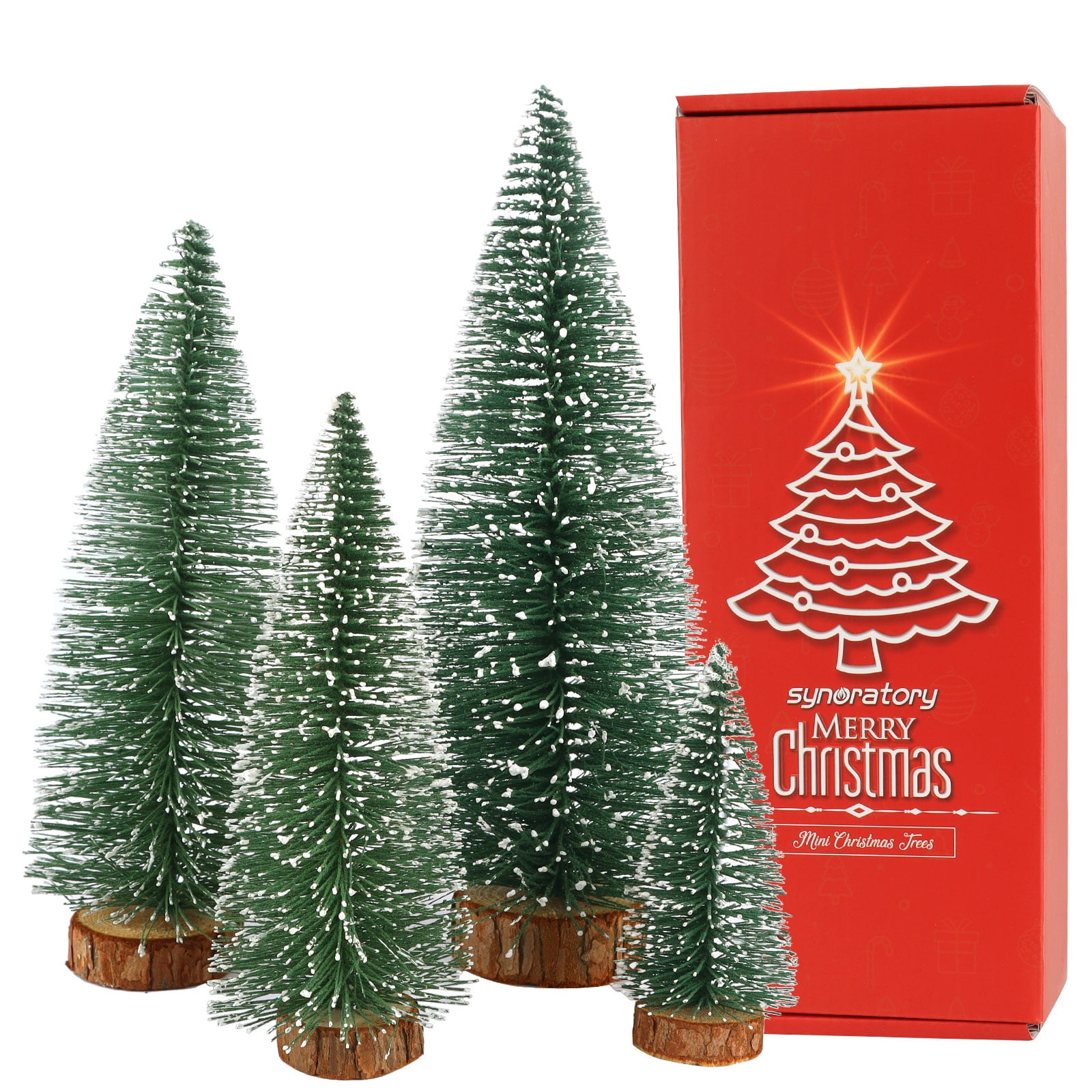 Mini Green Snow Frosted Plastic Tabletop Christmas Trees with Wooden Base, Set of 4
