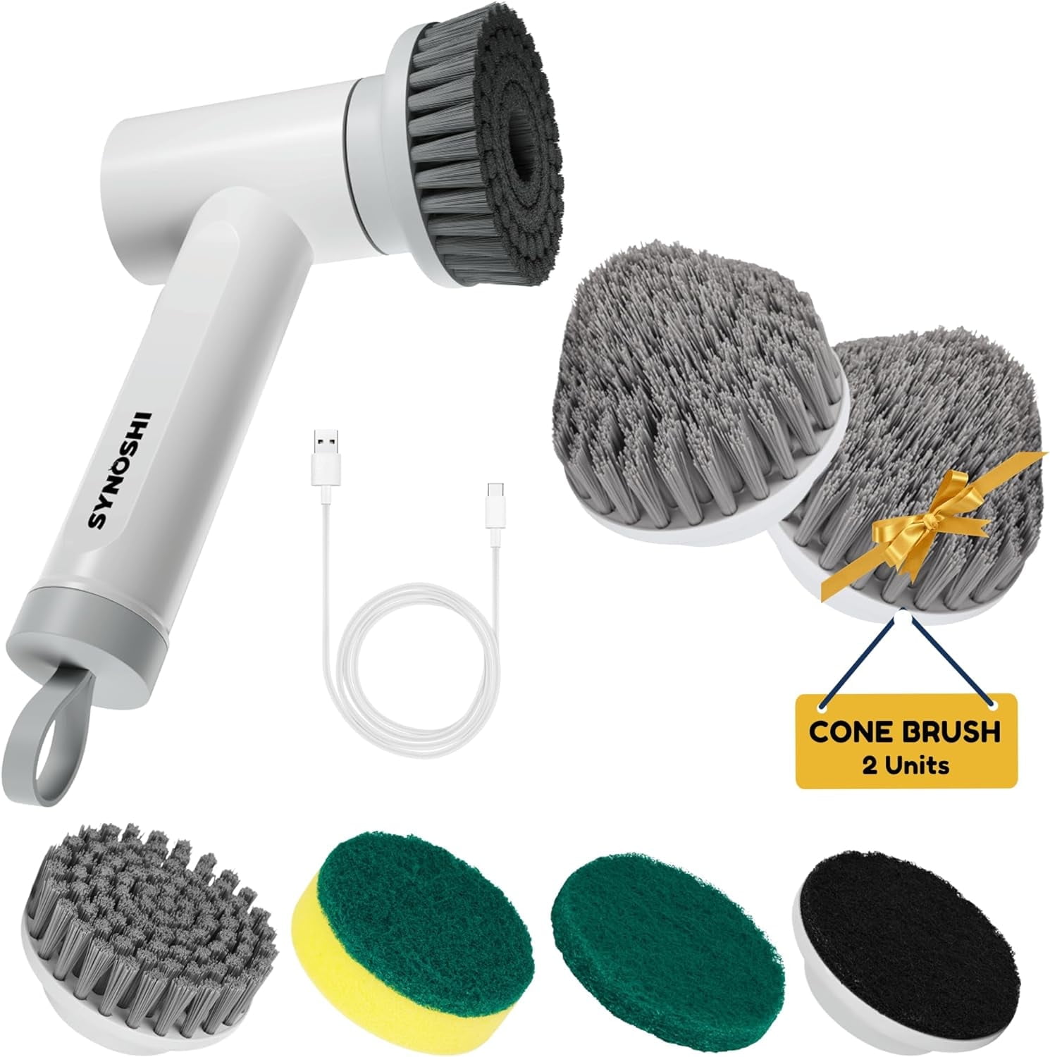 Synoshi® | Electric Spin Scrubber with 3 Replaceable Cleaning Head + 2 Units of Cone Brush Heads Set