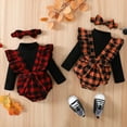thumbnail image 1 of Synpos 0-18M Newborn baby Girl Outfit Clothes Infant Rib Long Sleeve Romper+Cotton Grid Ruffl Suspender Pant+Headband 3PCS Jumpsuit Set., 1 of 10
