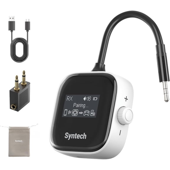 Syntech Airplane Bluetooth Transmitter Receiver 5.4 Adapter for 2 AirPods or Wireless Headphones, HD Display Low Latency 3.5mm AUX Jack Bluetooth Audio Adapter for Flying, TV, Car, Gym, White