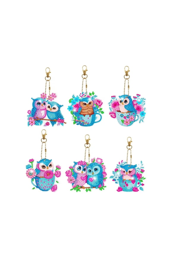 Syntego 6pcs 5D DIY Assorted Owl Diamond Painting Keychains Double Sided Approx 5in x 3in