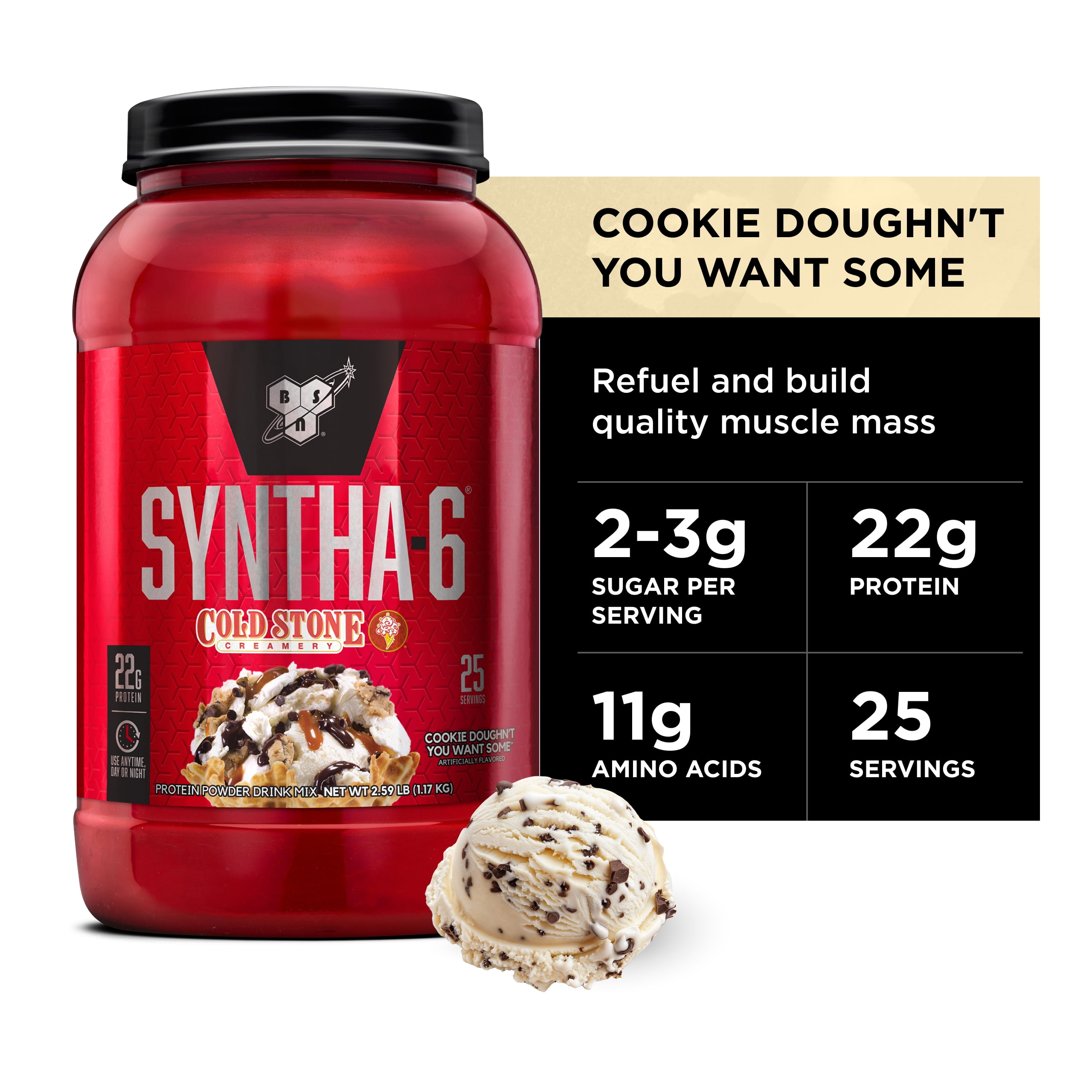 BSN Syntha-6 Cold Stone Creamery Protein Powder, Cookie Dough Flavor, 2.59  lb - Walmart Business Supplies