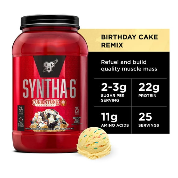 BSN Syntha-6 Whey Protein Powder, Cold Stone Creamery- Birthday Cake Remix Flavor, Micellar Casein, Milk Protein Isolate Powder, 25 Servings