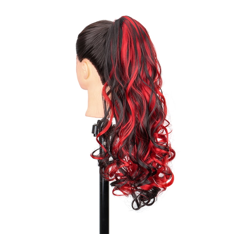 Synthetic 20Inch Long Curly Ponytail Claw Clip in Hair Extension Mixed Red Purple Hairpiece for Women