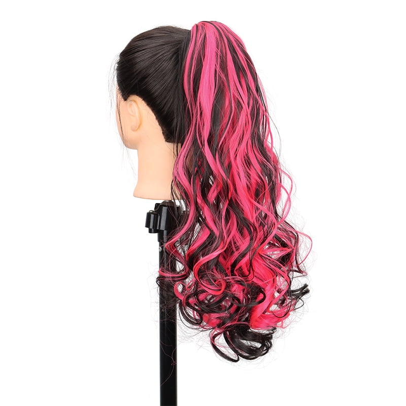 Synthetic 20Inch Long Curly Ponytail Claw Clip in Hair Extension Mixed Red Purple Hairpiece for Women